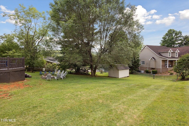 4404 Stillwood Ave, Kingsport, TN 37664 - view of green lawn with a storage unit, a fire pit, and a deck