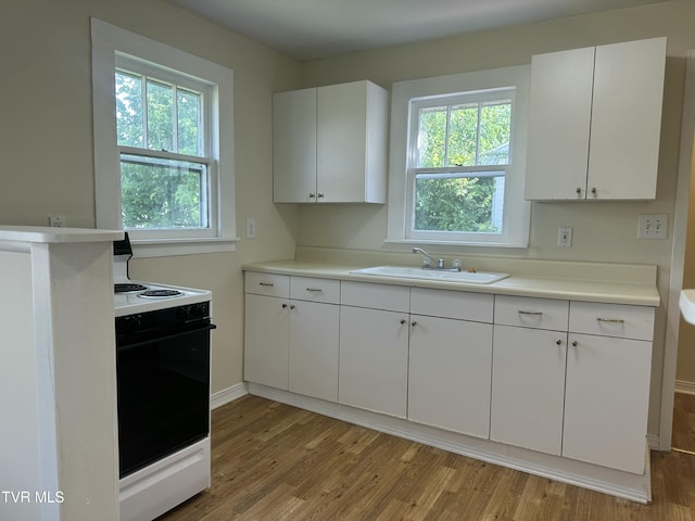 613 Spruce St, Johnson City, TN 37601 - kitchen with electric range, light wood finished floors, and white cabinetry