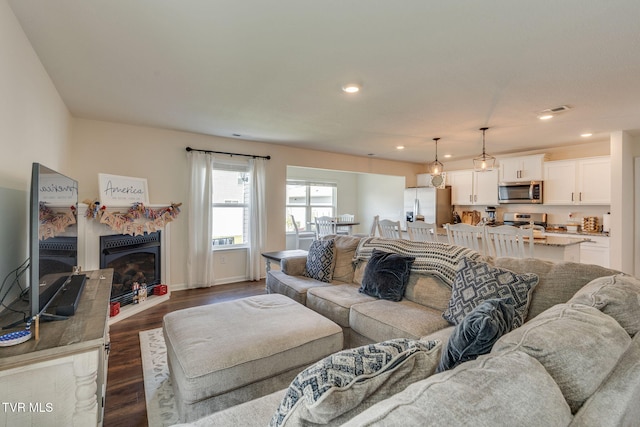 1244 Stamp Lodge Rd, Kingsport, TN 37660 - living room with dark wood-type flooring, recessed lighting, and a fireplace