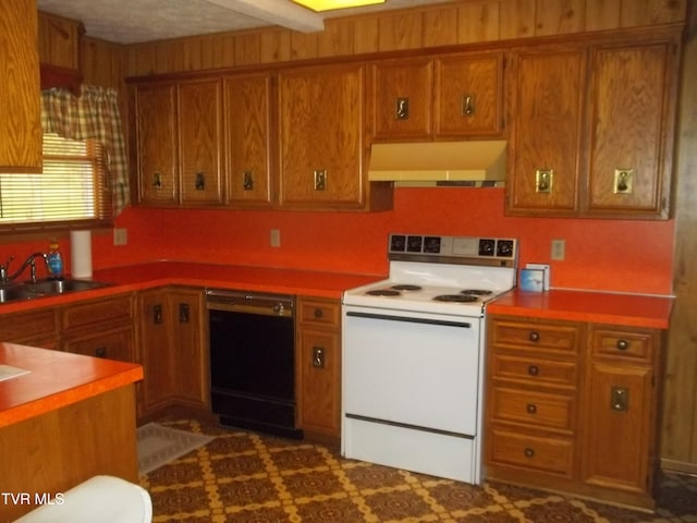313 Milburn Ave, Kingsport, TN 37660 - kitchen featuring black dishwasher, white range with electric stovetop, range hood, and brown cabinetry