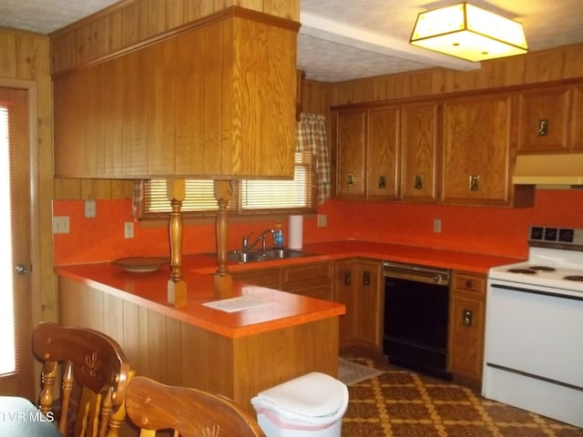 313 Milburn Ave, Kingsport, TN 37660 - kitchen featuring black dishwasher, white electric range oven, custom range hood, brown cabinets, and a peninsula