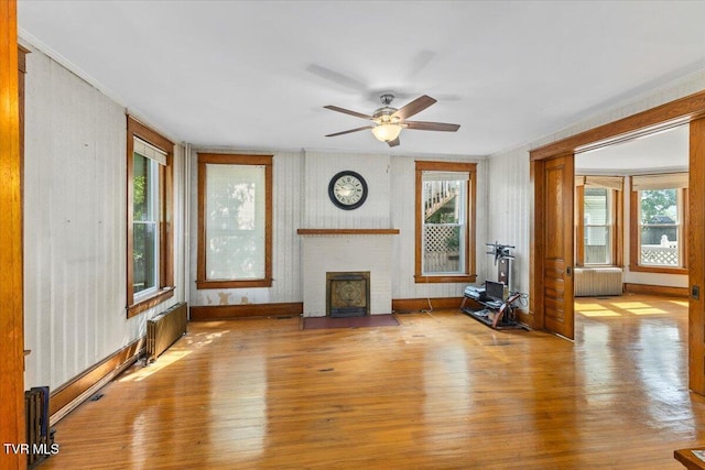 909 Highland Ave, Bristol, VA 24201 - living room featuring radiator heating unit, wood finished floors, a fireplace, and a ceiling fan