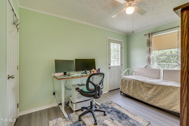 715 Dunham Rd, Chuckey, TN 37641 - bedroom with a textured ceiling, wood finished floors, a desk, ornamental molding, and ceiling fan