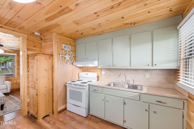 1524 Redwood Dr, Kingsport, TN 37664 - kitchen featuring white electric range, under cabinet range hood, wood ceiling, light wood-style flooring, and light countertops