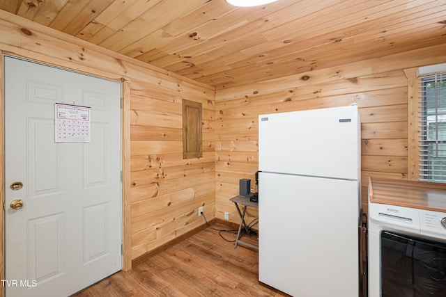 1524 Redwood Dr, Kingsport, TN 37664 - kitchen with freestanding refrigerator, washer / clothes dryer, wood ceiling, light wood finished floors, and wood walls