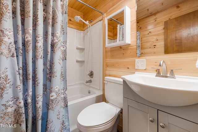 1524 Redwood Dr, Kingsport, TN 37664 - bathroom with vanity, shower / bath combo with shower curtain, wood ceiling, and wood walls