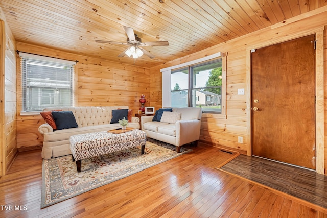 1524 Redwood Dr, Kingsport, TN 37664 - living area with hardwood / wood-style flooring, wooden ceiling, wooden walls, and a ceiling fan