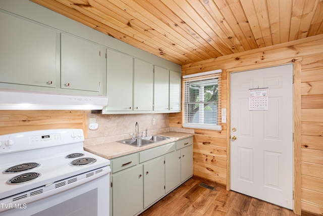 1524 Redwood Dr, Kingsport, TN 37664 - kitchen featuring electric range, under cabinet range hood, light wood-style floors, wood ceiling, and light countertops