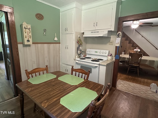 2065 Coeburn Rd, Clintwood, VA 24228 - kitchen with under cabinet range hood, electric stove, dark wood finished floors, white cabinetry, and a wainscoted wall