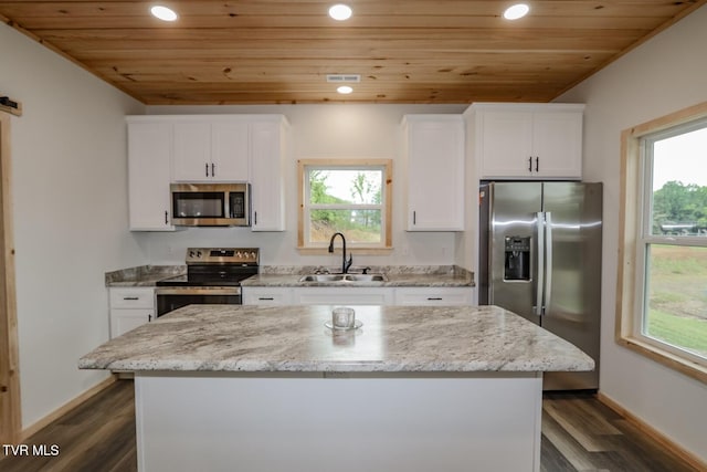 1976 Hartford Rd, Cosby, TN 37722 - kitchen with stainless steel appliances, wood ceiling, a center island, white cabinetry, and recessed lighting