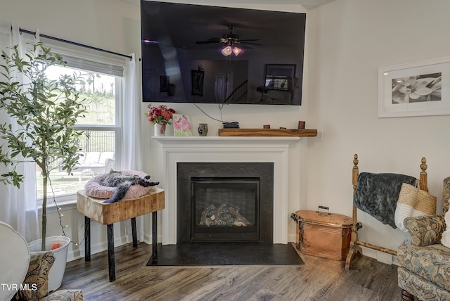 5402 Wildlife Cir, Piney Flats, TN 37686 - living room featuring wood finished floors, a fireplace with flush hearth, and ceiling fan