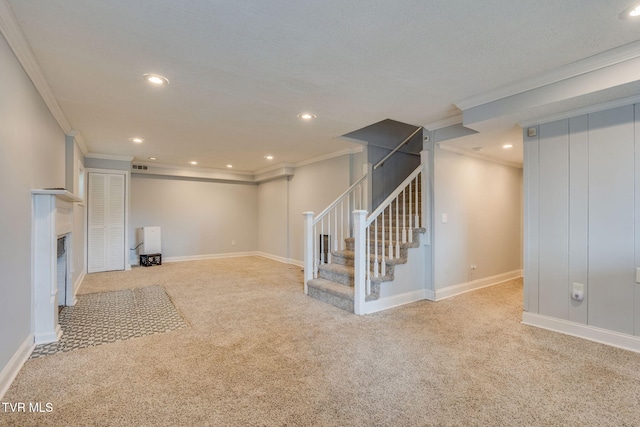 1121 Watauga St, Kingsport, TN 37660 - unfurnished living room featuring carpet floors, ornamental molding, stairway, recessed lighting, and a fireplace