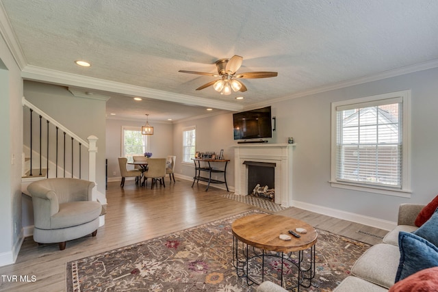 1121 Watauga St, Kingsport, TN 37660 - living area with wood finished floors, crown molding, a textured ceiling, stairway, and ceiling fan