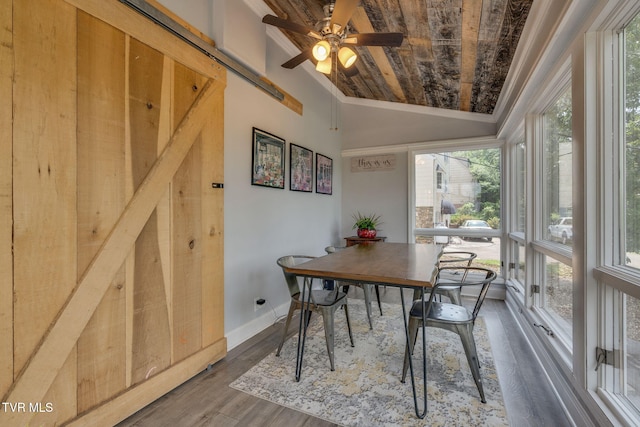 1121 Watauga St, Kingsport, TN 37660 - dining space with wooden ceiling, vaulted ceiling, wood finished floors, and a ceiling fan