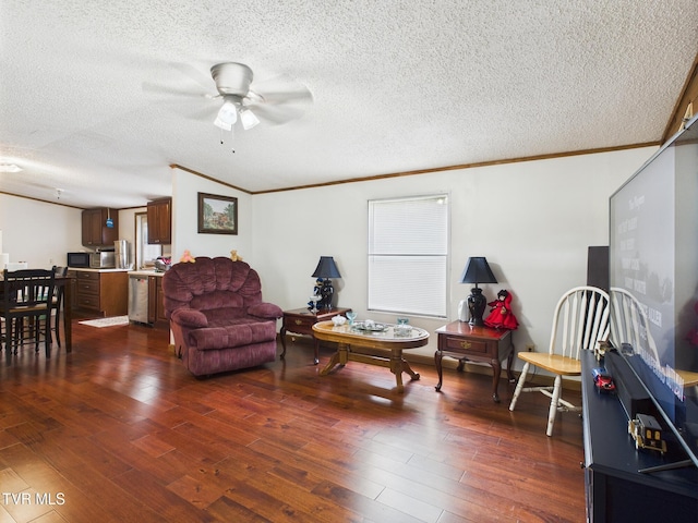 109 Wampler St, Kingsport, TN 37665 - living room featuring ornamental molding, ceiling fan, dark wood finished floors, and a textured ceiling