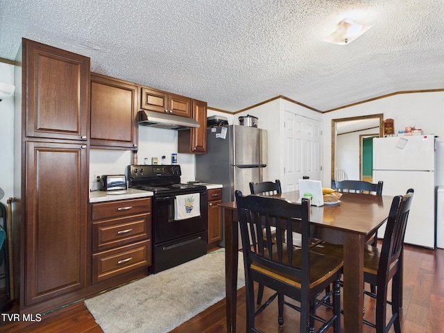 109 Wampler St, Kingsport, TN 37665 - kitchen with electric range, freestanding refrigerator, under cabinet range hood, light countertops, and dark wood finished floors