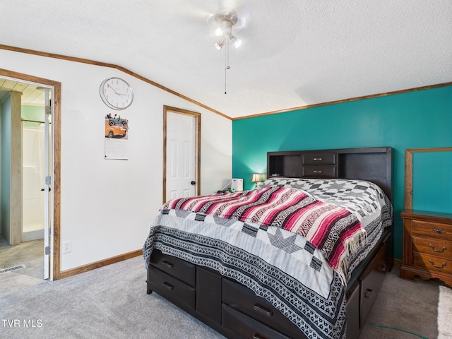 109 Wampler St, Kingsport, TN 37665 - bedroom featuring carpet floors, a textured ceiling, lofted ceiling, a ceiling fan, and ornamental molding