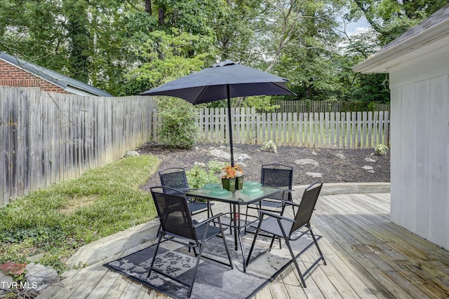 3277 Ashley St, Kingsport, TN 37664 - wooden deck with outdoor dining area and a fenced backyard
