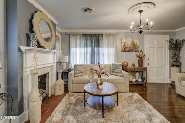3277 Ashley St, Kingsport, TN 37664 - living room featuring a chandelier, crown molding, and a fireplace with flush hearth