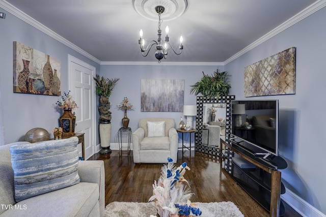 3277 Ashley St, Kingsport, TN 37664 - living room with a chandelier, wood finished floors, and crown molding