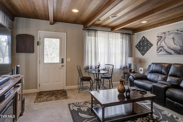 3277 Ashley St, Kingsport, TN 37664 - living room with a wooden ceiling with exposed beams, recessed lighting, healthy amount of natural light, and light colored carpet