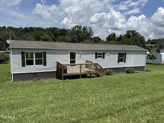 118 Clover, Jonesborough, TN 37659 - back of property featuring a wooden deck, a lawn, crawl space, and roof with shingles