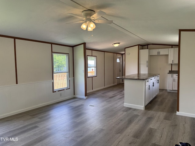 118 Clover, Jonesborough, TN 37659 - kitchen with dark countertops, ceiling fan, white cabinetry, wood finished floors, and lofted ceiling