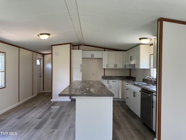 118 Clover, Jonesborough, TN 37659 - kitchen featuring stainless steel dishwasher, wood finished floors, white cabinetry, a kitchen island, and vaulted ceiling