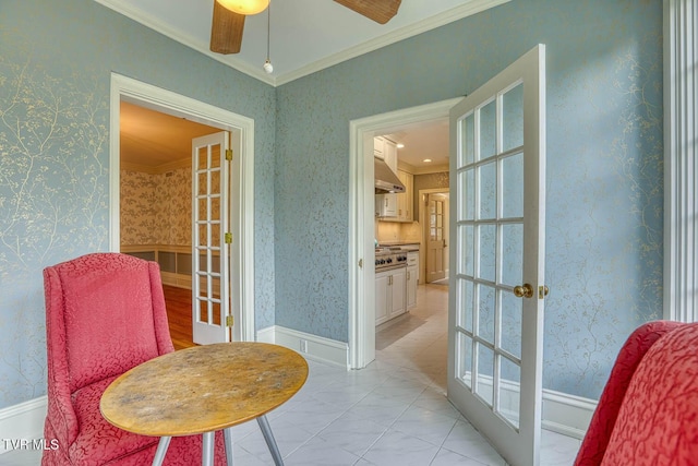 1261 Watauga St, Kingsport, TN 37660 - sitting room featuring ceiling fan, crown molding, and french doors