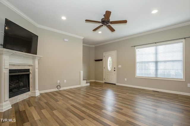 1900 Knob Creek Rd Unit 404, Johnson City, TN 37604 - unfurnished living room with ceiling fan, wood finished floors, a fireplace, ornamental molding, and recessed lighting