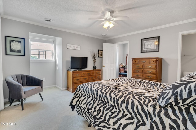 204 Henrys Ln, Bristol, VA 24202 - bedroom with light carpet, crown molding, a textured ceiling, and ceiling fan