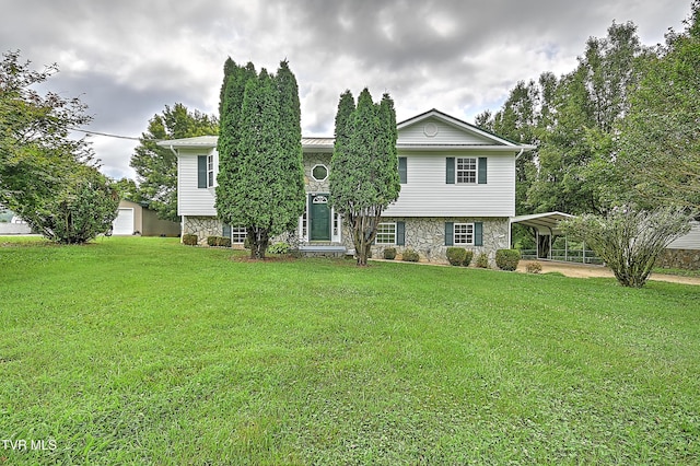4970 Old Stage Rd, Chuckey, TN 37641 - view of front of property with stone siding, a front yard, and a carport