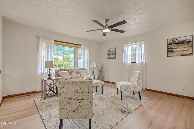 4970 Old Stage Rd, Chuckey, TN 37641 - living room with light wood-type flooring, a ceiling fan, and a textured ceiling