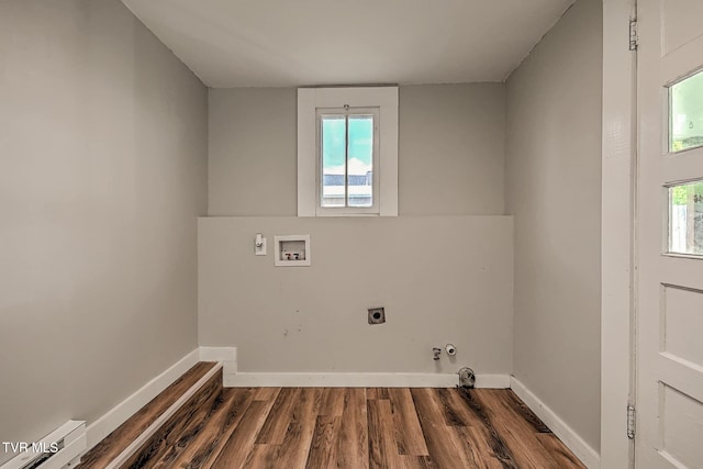 810 N Roan St, Elizabethton, TN 37643 - washroom featuring electric dryer hookup, a baseboard heating unit, hookup for a gas dryer, washer hookup, and wood finished floors
