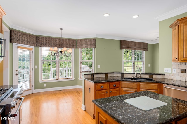 2003 Hackberry Dr, Jonesborough, TN 37659 - kitchen with a chandelier, ornamental molding, light wood-type flooring, plenty of natural light, and brown cabinets