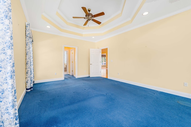 2003 Hackberry Dr, Jonesborough, TN 37659 - unfurnished bedroom featuring a tray ceiling, crown molding, carpet, recessed lighting, and a ceiling fan