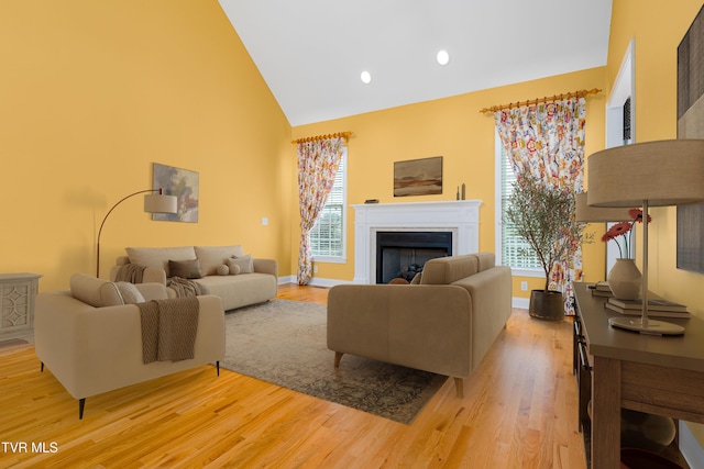 2003 Hackberry Dr, Jonesborough, TN 37659 - living area with high vaulted ceiling, a fireplace, light wood-style flooring, and recessed lighting