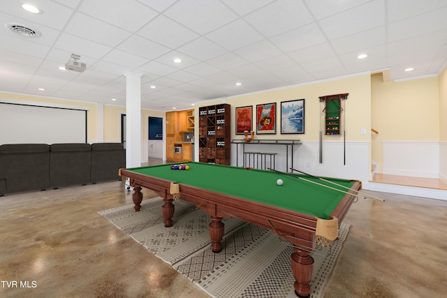 2003 Hackberry Dr, Jonesborough, TN 37659 - playroom with finished concrete floors, billiards table, a paneled ceiling, a wainscoted wall, and recessed lighting