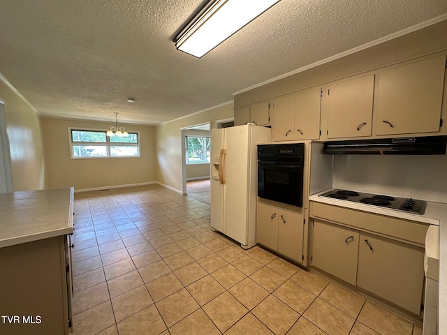 2613 Rockwell Pl, Kingsport, TN 37664 - kitchen featuring under cabinet range hood, black oven, ornamental molding, electric cooktop, and white fridge with ice dispenser
