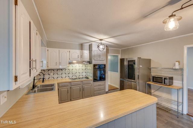 3513 Crest Rd, Kingsport, TN 37664 - kitchen with appliances with stainless steel finishes, a peninsula, under cabinet range hood, tasteful backsplash, and light countertops
