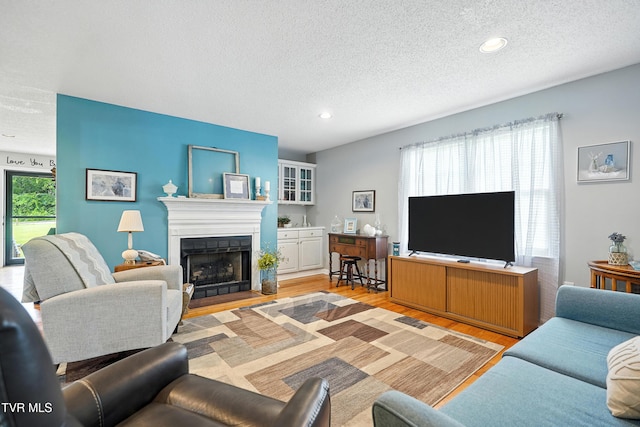 563 Old Jonesboro Rd, Bristol, TN 37620 - living room with light wood-style floors, a textured ceiling, a fireplace, and recessed lighting