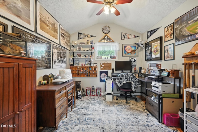 563 Old Jonesboro Rd, Bristol, TN 37620 - office featuring ceiling fan, a textured ceiling, and lofted ceiling