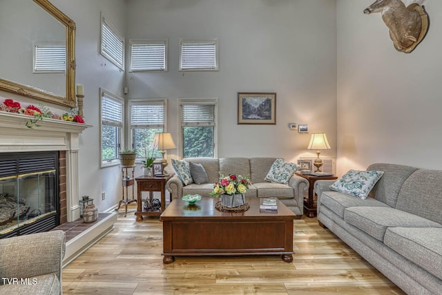 223 Willowbend Ct, Kingsport, TN 37660 - living area featuring a towering ceiling, light wood-style floors, and a glass covered fireplace