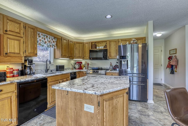 223 Willowbend Ct, Kingsport, TN 37660 - kitchen with black appliances, a textured ceiling, brown cabinetry, a center island, and open shelves