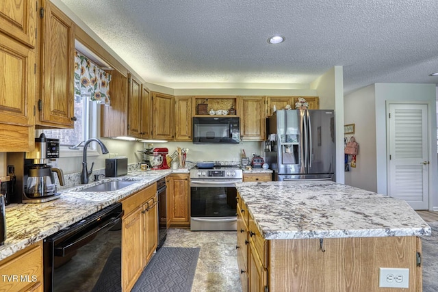 223 Willowbend Ct, Kingsport, TN 37660 - kitchen with black appliances, open shelves, a kitchen island, a textured ceiling, and brown cabinetry