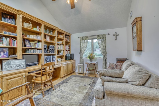 223 Willowbend Ct, Kingsport, TN 37660 - home office featuring lofted ceiling, built in study area, a ceiling fan, a textured ceiling, and light wood-style flooring