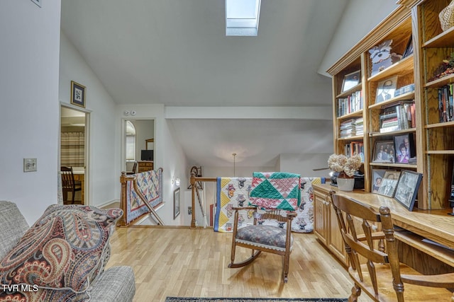 223 Willowbend Ct, Kingsport, TN 37660 - living area featuring lofted ceiling, an upstairs landing, wood finished floors, and a skylight