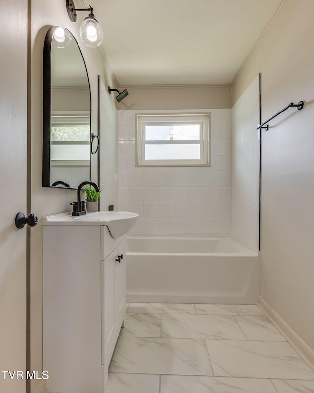 203 Hickory Rd, Bristol, TN 37620 - full bath featuring vanity, bathing tub / shower combination, crown molding, and marble look tile flooring