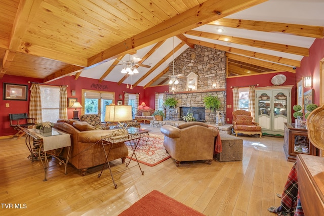 284 Bulldog Holw, Elizabethton, TN 37643 - living area featuring beamed ceiling, hardwood / wood-style flooring, a fireplace, ceiling fan, and high vaulted ceiling
