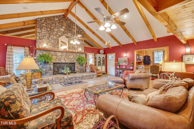284 Bulldog Holw, Elizabethton, TN 37643 - living area featuring a ceiling fan, beamed ceiling, high vaulted ceiling, and a fireplace